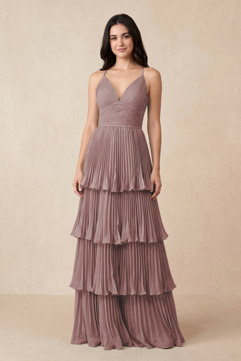Tiered Pleated V-Neck A-Line Chiffon Bridesmaid Dress in Dusty Rose