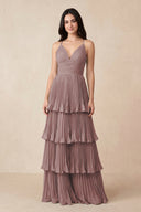 Dusty Rose Tiered Pleated V-Neck A-Line Chiffon Bridesmaid Dress | KISSBRIDAL