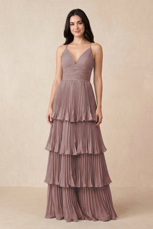 Dusty Rose Tiered Pleated V-Neck A-Line Chiffon Bridesmaid Dress | KISSBRIDAL