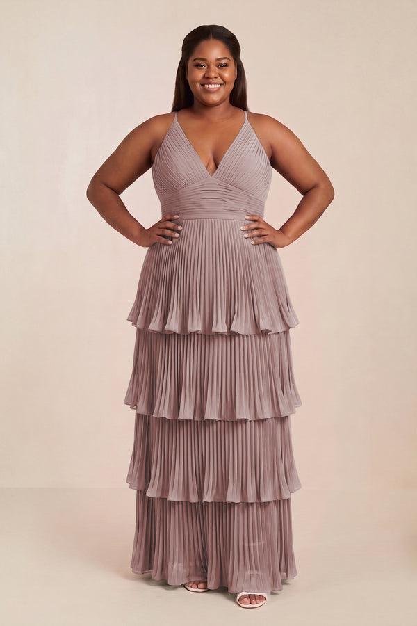 Dusty Rose Tiered Pleated V-Neck A-Line Chiffon Bridesmaid Dress [sizeplus] | KISSBRIDAL