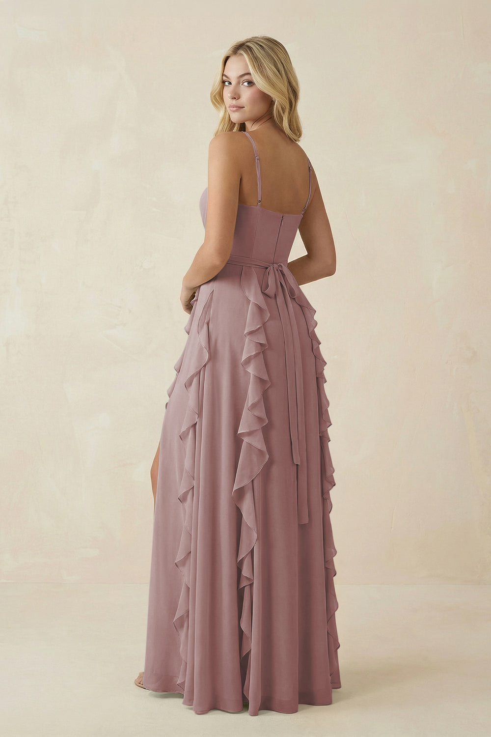 Tiered Ruffle A-Line Chiffon Bridesmaid Dress in Dusty Rose