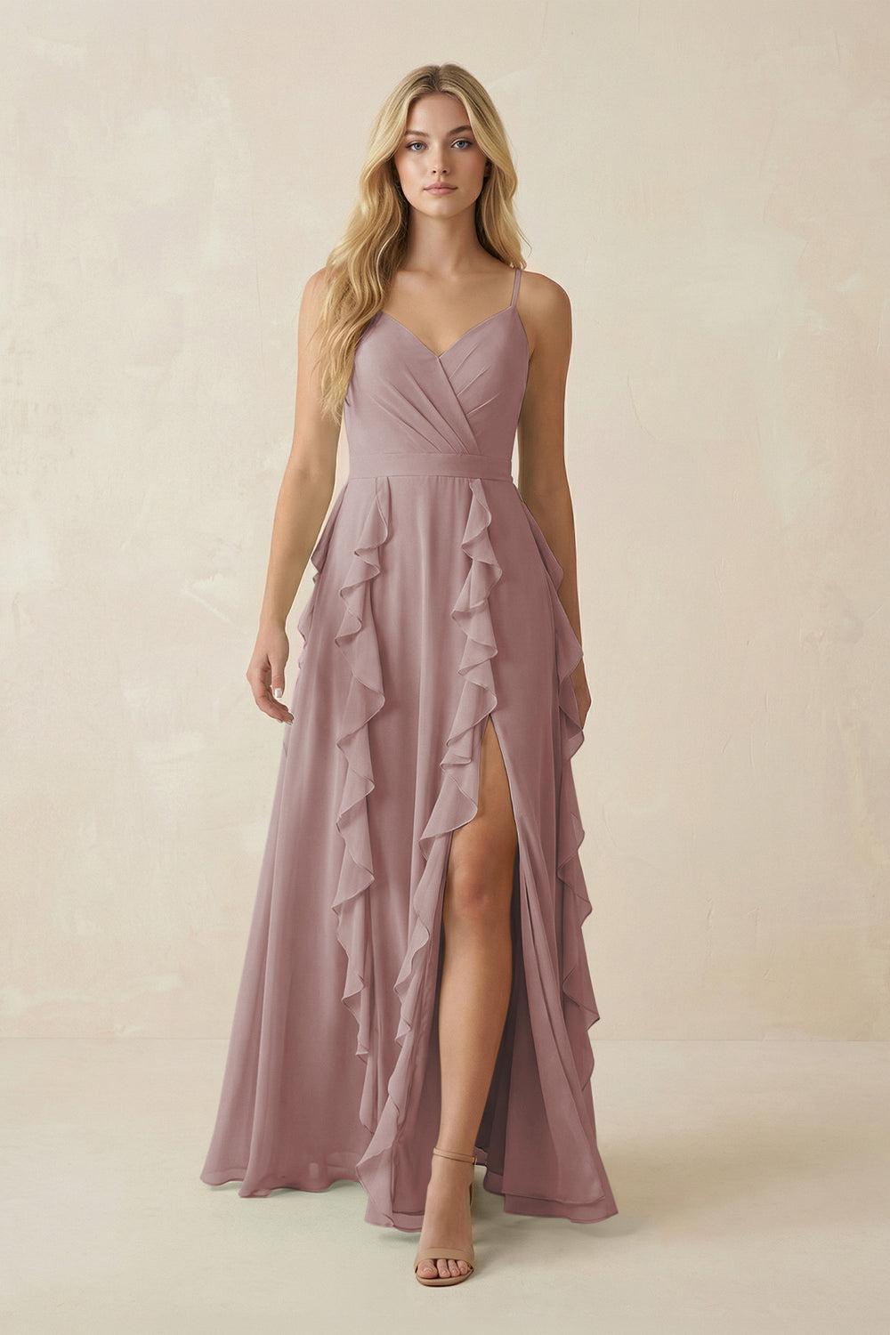 Tiered Ruffle A-Line Chiffon Bridesmaid Dress in Dusty Rose