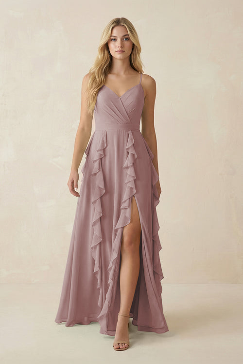 Dusty Rose Tiered Ruffle A-Line Chiffon Bridesmaid Dress | KISSBRIDAL