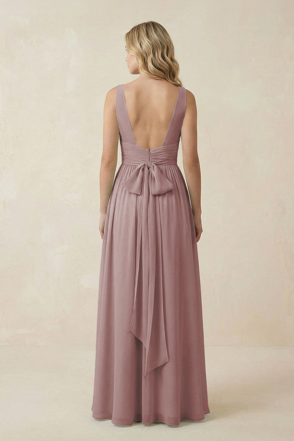 V-Neck A-Line Bridesmaid Dress with Back Bow in Dusty Rose
