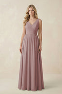 Dusty Rose V-Neck A-Line Bridesmaid Dress with Back Bow | KISSBRIDAL