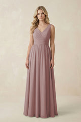 Dusty Rose V-Neck A-Line Bridesmaid Dress with Back Bow | KISSBRIDAL