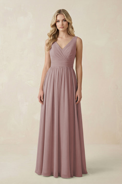 Dusty Rose V-Neck A-Line Bridesmaid Dress with Back Bow | KISSBRIDAL