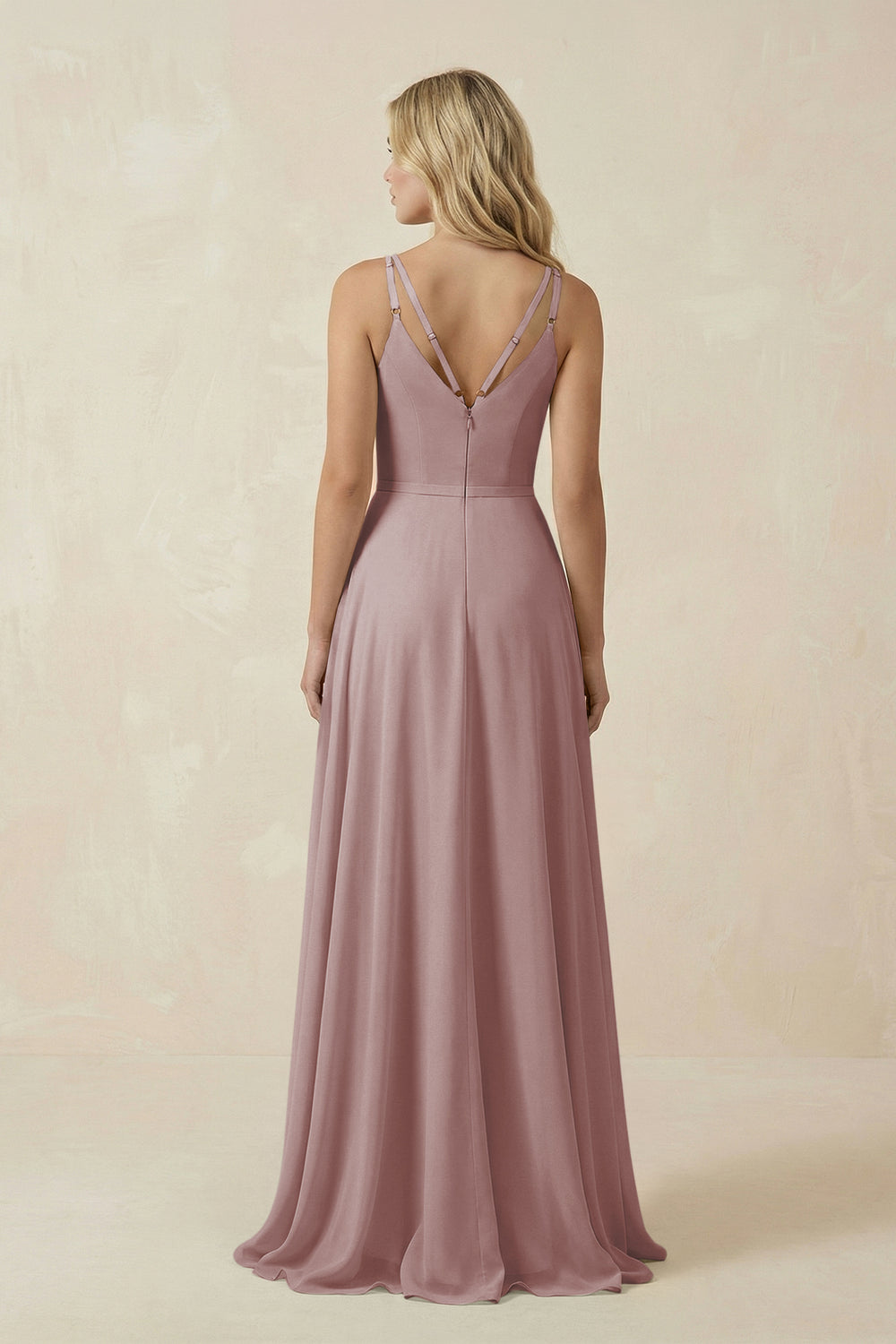 V-Neck A-Line Chiffon Bridesmaid Dress with Crisscross Back in Dusty Rose