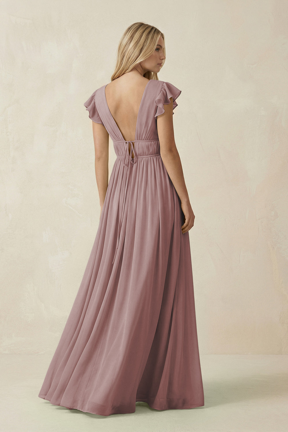 V-Neck A-Line Chiffon Cap Sleeves Bridesmaid Dress in Dusty Rose