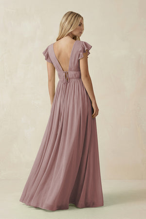 Dusty Rose V-Neck A-Line Chiffon Cap Sleeves Bridesmaid Dress (2) | KISSBRIDAL