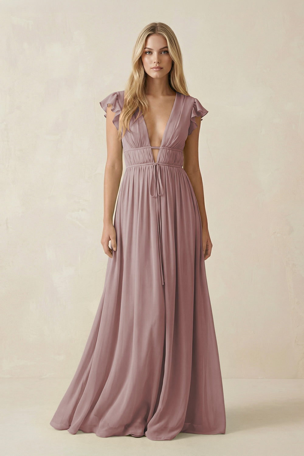 V-Neck A-Line Chiffon Cap Sleeves Bridesmaid Dress in Dusty Rose