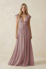 Dusty Rose V-Neck A-Line Chiffon Cap Sleeves Bridesmaid Dress | KISSBRIDAL
