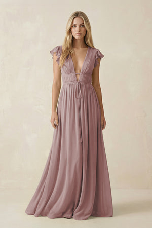 Dusty Rose V-Neck A-Line Chiffon Cap Sleeves Bridesmaid Dress | KISSBRIDAL