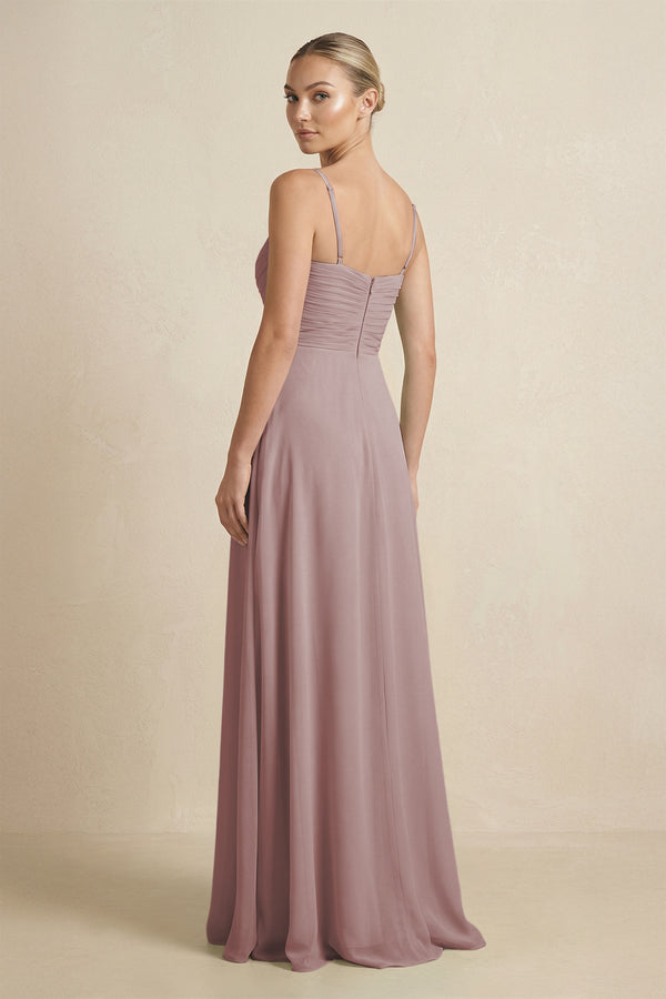 Dusty Rose V-Neck A-Line Chiffon Pleated Bridesmaid Dress (2) | KISSBRIDAL