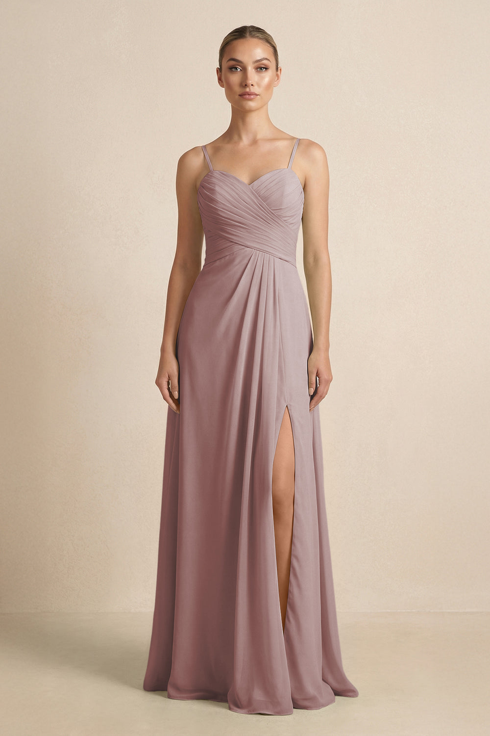 V-Neck A-Line Chiffon Pleated Bridesmaid Dress in Dusty Rose