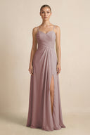 Dusty Rose V-Neck A-Line Chiffon Pleated Bridesmaid Dress | KISSBRIDAL