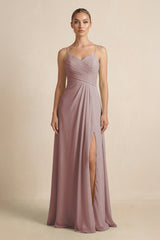 Dusty Rose V-Neck A-Line Chiffon Pleated Bridesmaid Dress | KISSBRIDAL