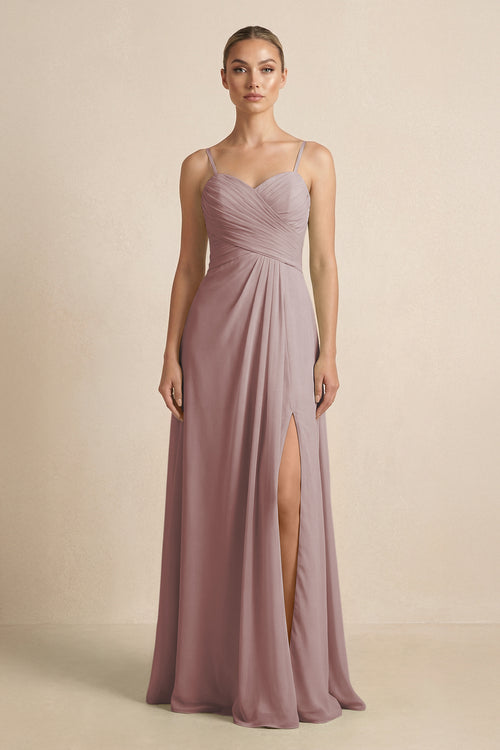 Dusty Rose V-Neck A-Line Chiffon Pleated Bridesmaid Dress | KISSBRIDAL