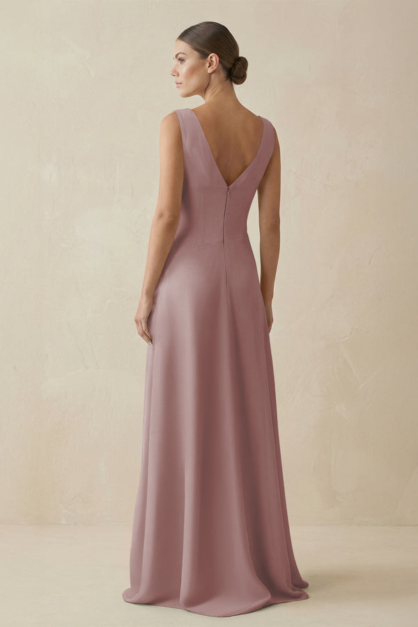 Dusty Rose V-Neck A-Line Chiffon Ruffled Bridesmaid Dress (2) | KISSBRIDAL