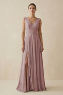Dusty Rose V-Neck A-Line Chiffon Ruffled Bridesmaid Dress | KISSBRIDAL