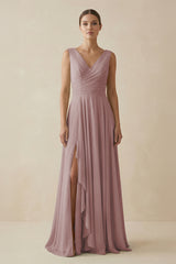 Dusty Rose V-Neck A-Line Chiffon Ruffled Bridesmaid Dress | KISSBRIDAL