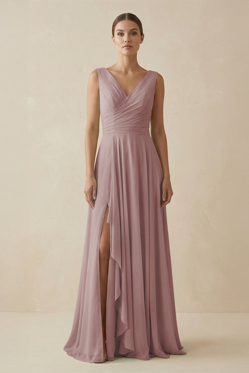 Dusty Rose V-Neck A-Line Chiffon Ruffled Bridesmaid Dress | KISSBRIDAL