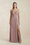 Dusty Rose V-Neck A-Line Pleated Chiffon Bridesmaid Dress | KISSBRIDAL