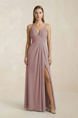 Dusty Rose V-Neck A-Line Pleated Chiffon Bridesmaid Dress | KISSBRIDAL
