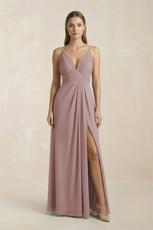 Dusty Rose V-Neck A-Line Pleated Chiffon Bridesmaid Dress | KISSBRIDAL