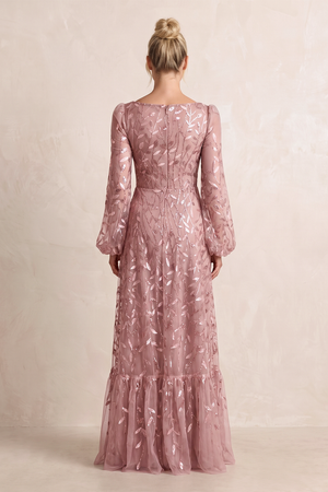 Dusty Rose V-Neck A-Line Tulle Appliqued Mother of the Bride Dress with Long Sleeves (2) | KISSBRIDAL