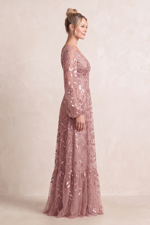 Dusty Rose V-Neck A-Line Tulle Appliqued Mother of the Bride Dress with Long Sleeves (3) | KISSBRIDAL