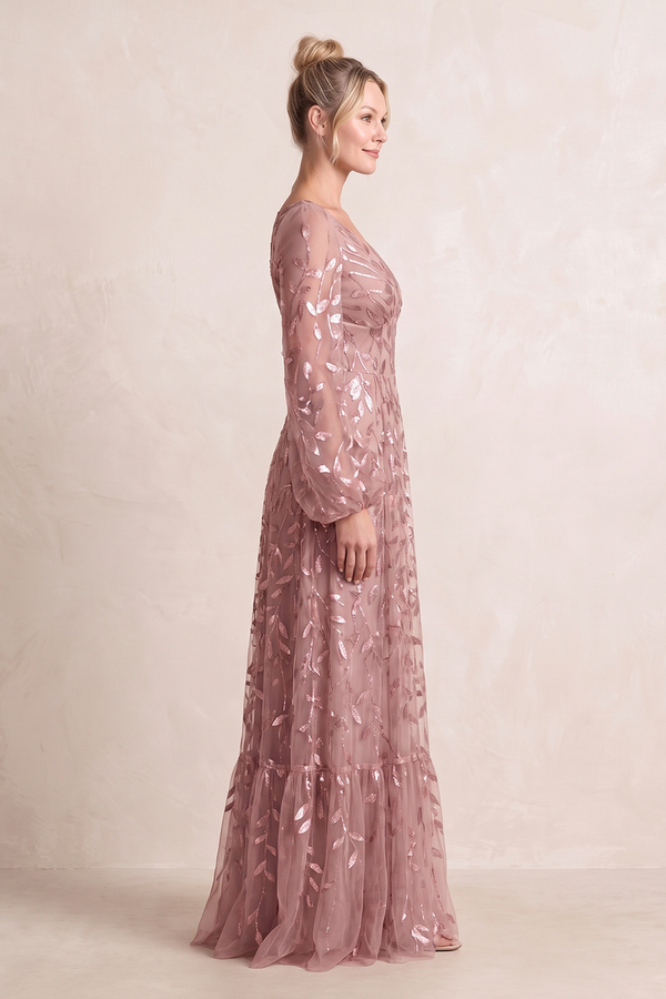 Dusty Rose V-Neck A-Line Tulle Appliqued Mother of the Bride Dress with Long Sleeves (3) | KISSBRIDAL
