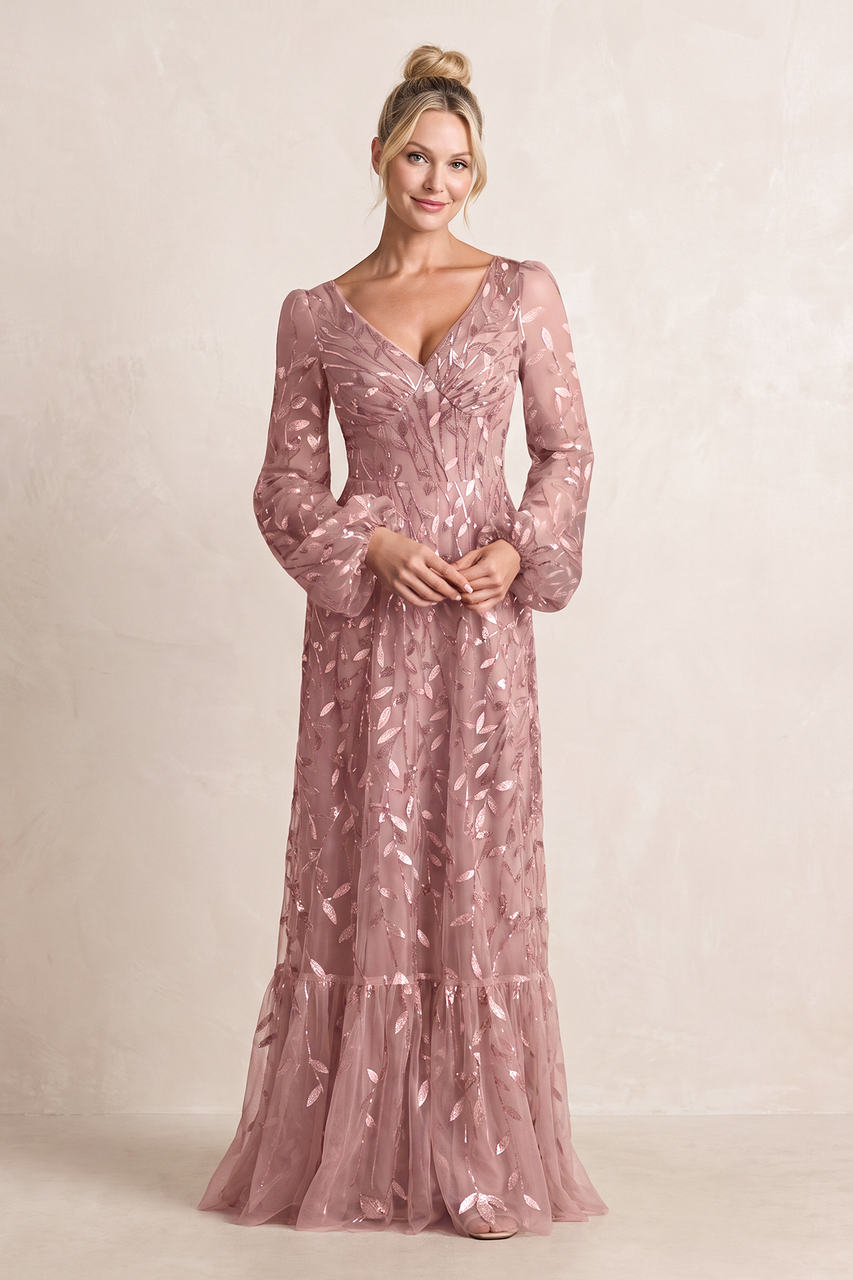 Dusty Rose V-Neck A-Line Tulle Appliqued Mother of the Bride Dress with Long Sleeves