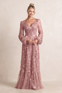Dusty Rose V-Neck A-Line Tulle Appliqued Mother of the Bride Dress with Long Sleeves | KISSBRIDAL