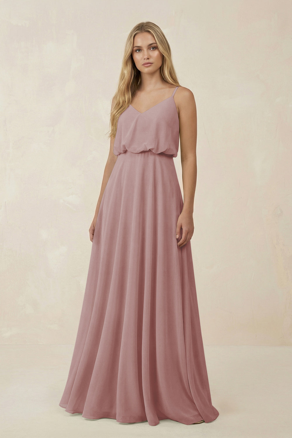 V-Neck Blouson A-Line Chiffon Bridesmaid Dress in Dusty Rose