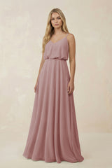 Dusty Rose V-Neck Blouson A-Line Chiffon Bridesmaid Dress | KISSBRIDAL