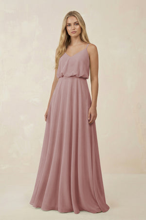 Dusty Rose V-Neck Blouson A-Line Chiffon Bridesmaid Dress | KISSBRIDAL