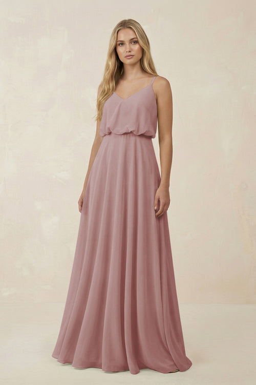 Dusty Rose V-Neck Blouson A-Line Chiffon Bridesmaid Dress | KISSBRIDAL