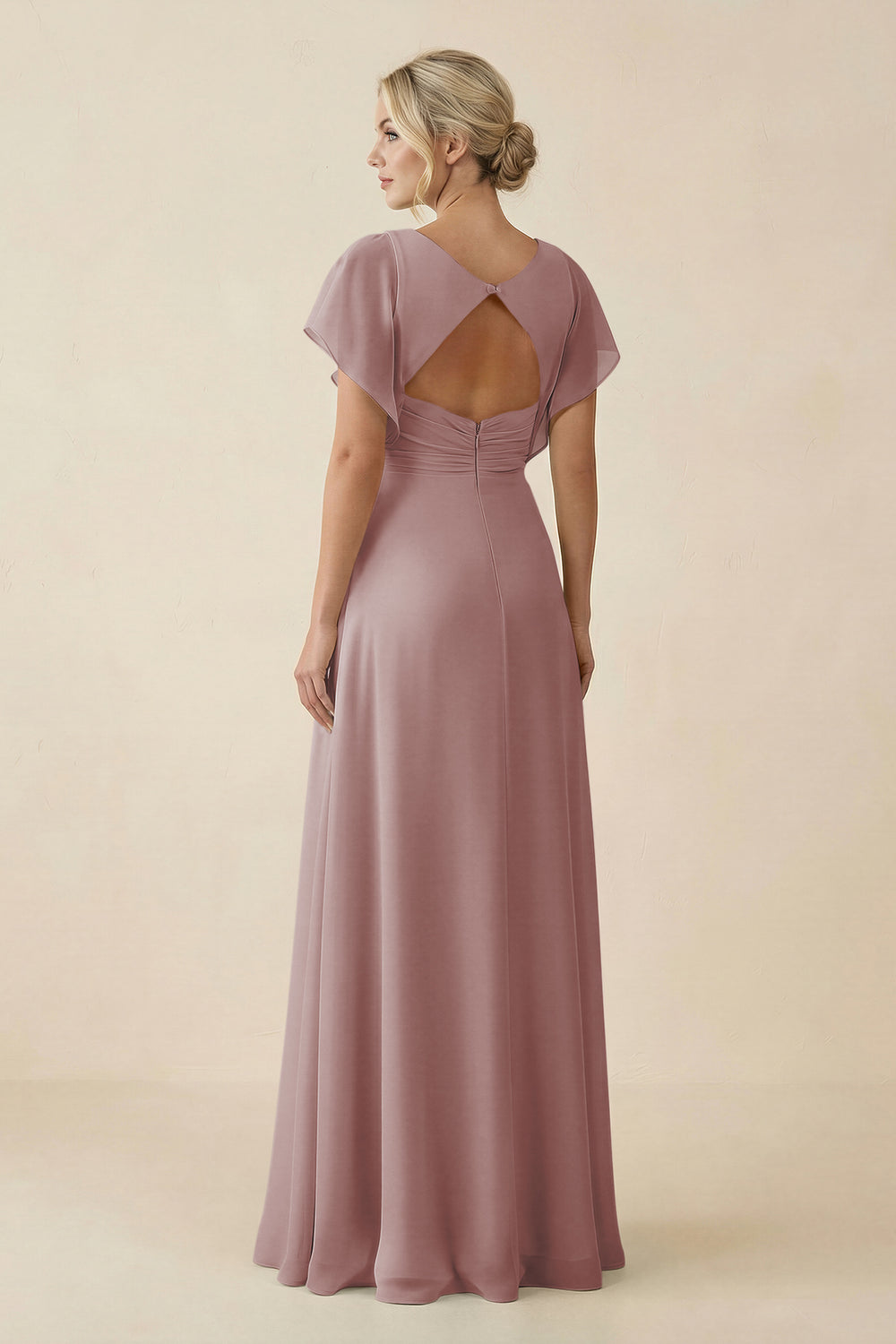 V-Neck Cap Sleeve Chiffon Bridesmaid Dress with Cut-out Back in Dusty Rose