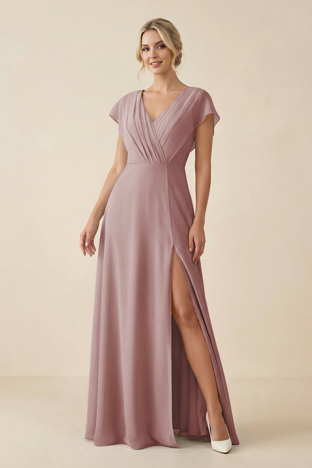 V-Neck Cap Sleeve Chiffon Bridesmaid Dress with Cut-out Back in Dusty Rose