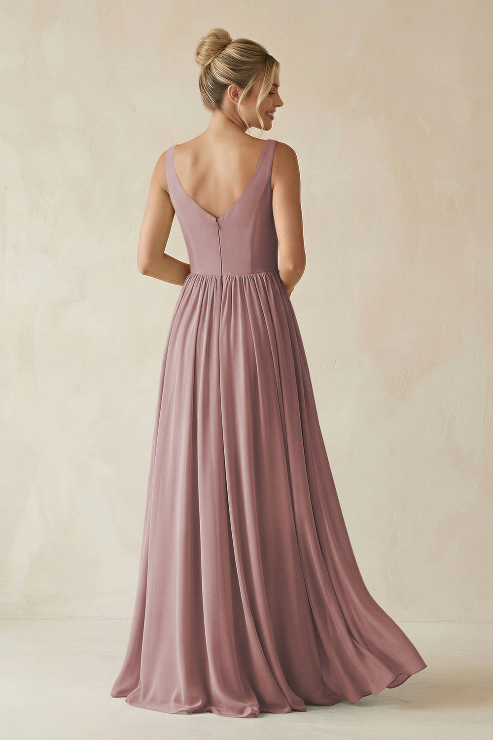 V-Neck Chiffon A-Line Long Bridesmaid Dress in Dusty Rose