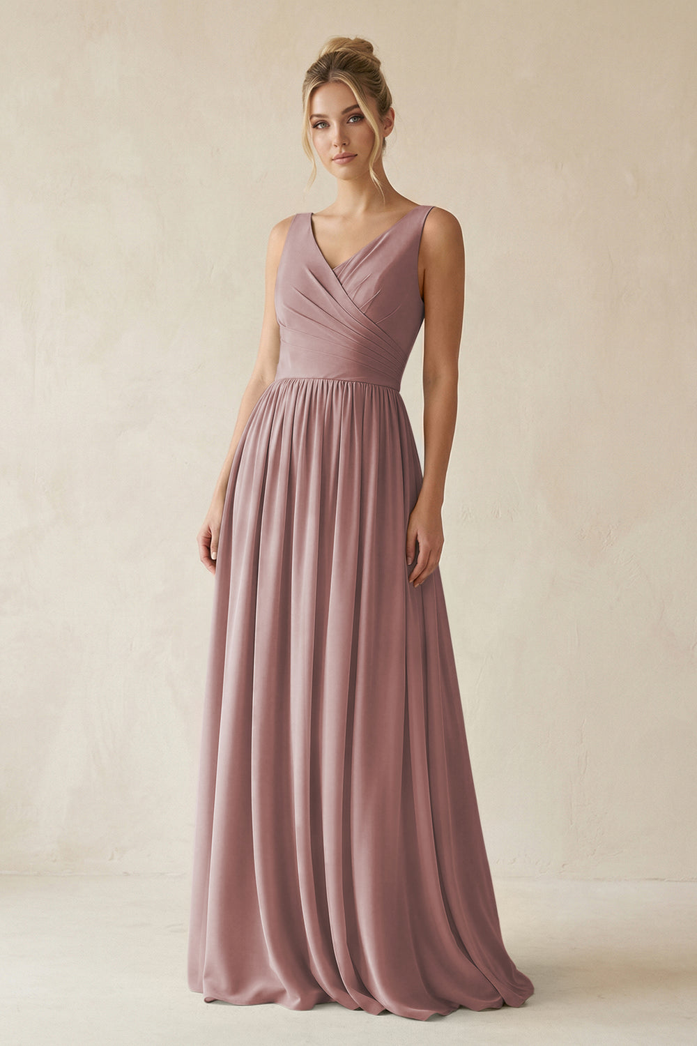 V-Neck Chiffon A-Line Long Bridesmaid Dress in Dusty Rose