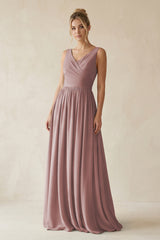 Dusty Rose V-Neck Chiffon A-Line Long Bridesmaid Dress | KISSBRIDAL