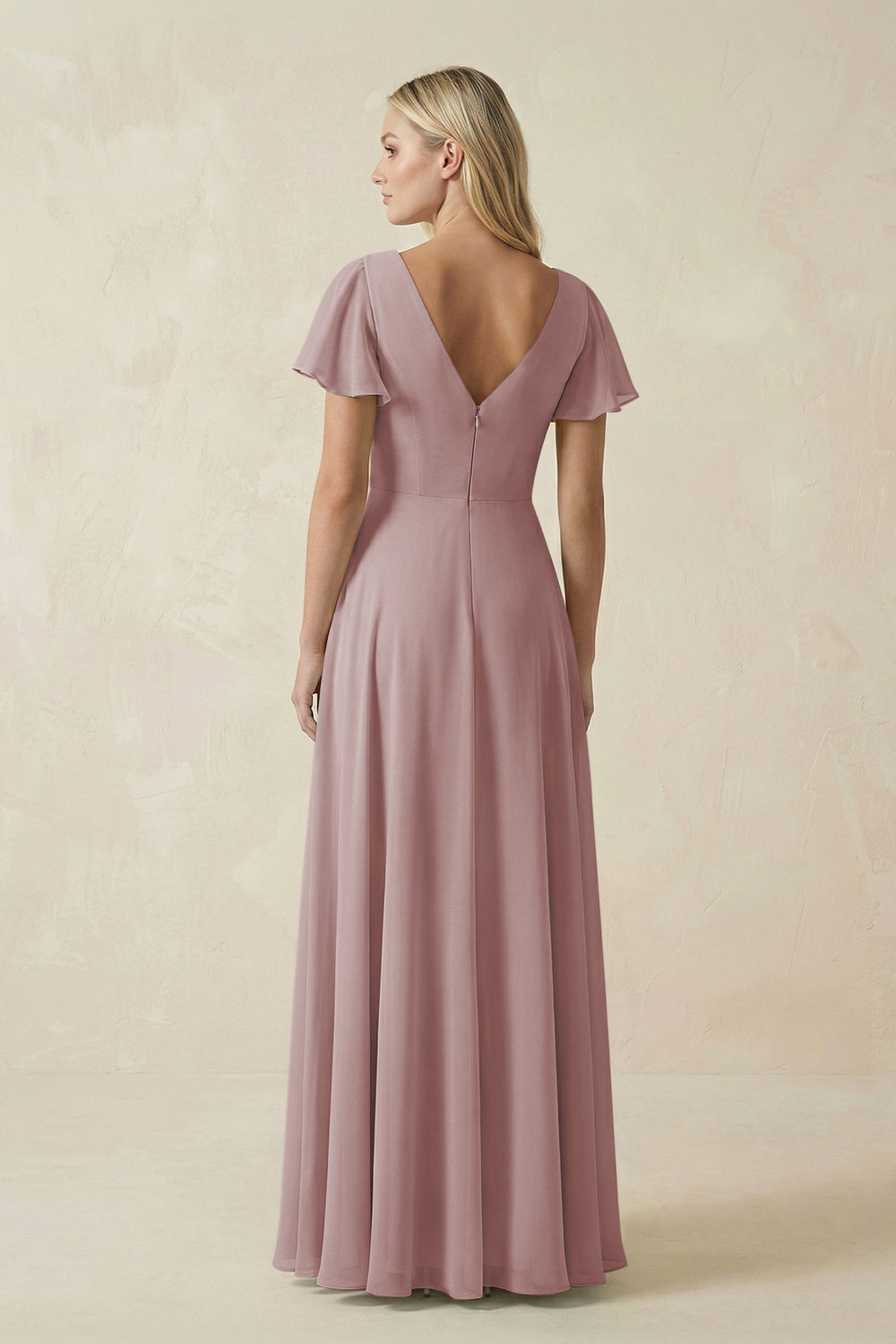 V-Neck Flutter Sleeve A-Line Chiffon Bridesmaid Dress in Dusty Rose