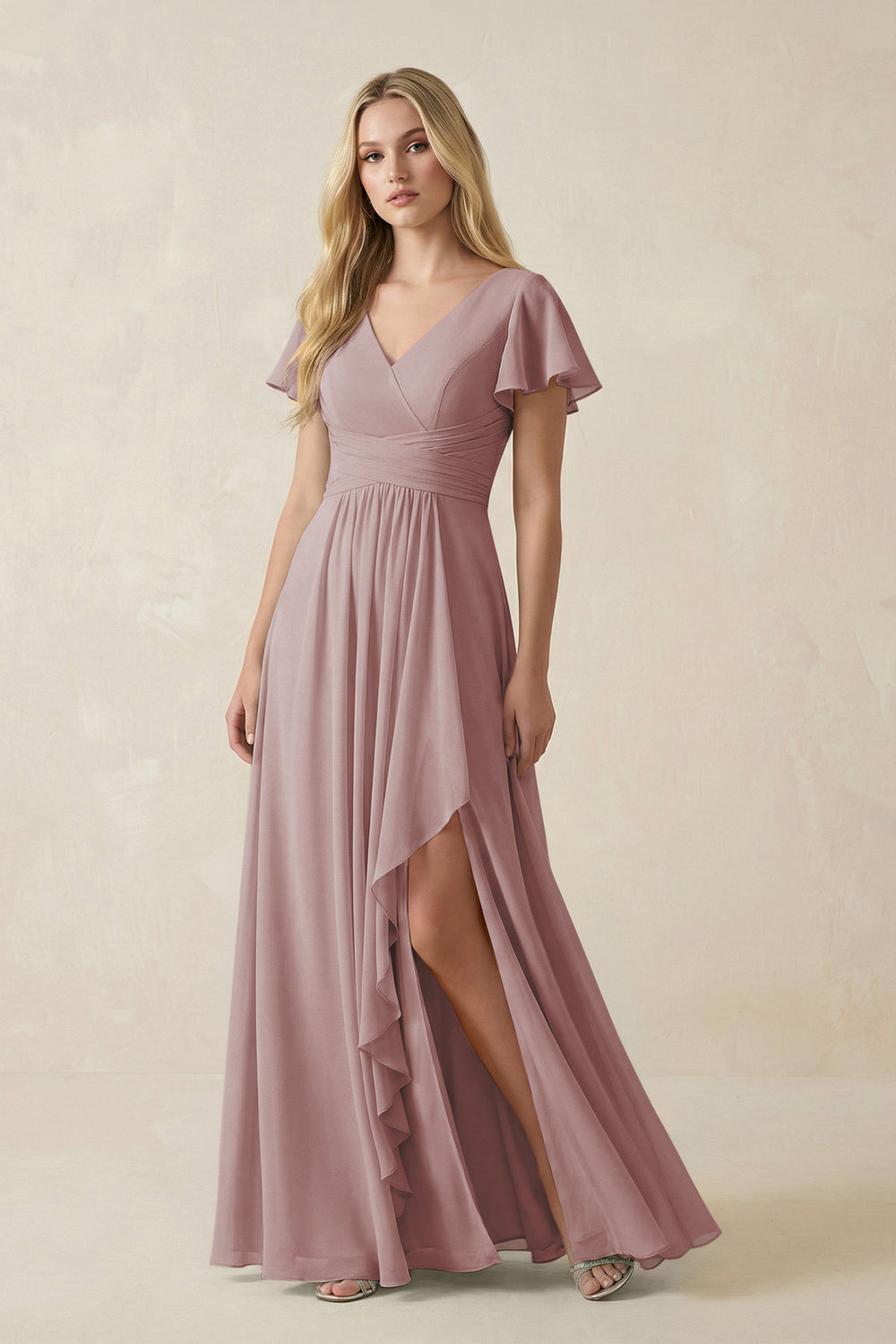 V-Neck Flutter Sleeve A-Line Chiffon Bridesmaid Dress in Dusty Rose