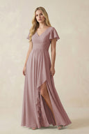 Dusty Rose V-Neck Flutter Sleeve A-Line Chiffon Bridesmaid Dress | KISSBRIDAL