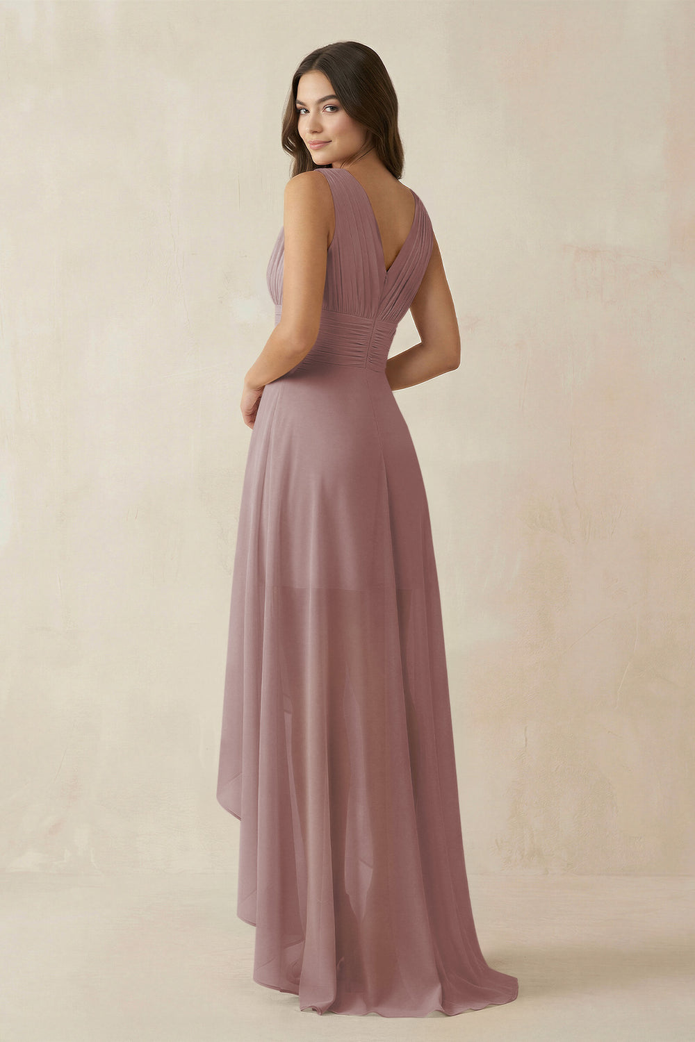 V-Neck High-Low Chiffon Bridesmaid Dress in Dusty Rose