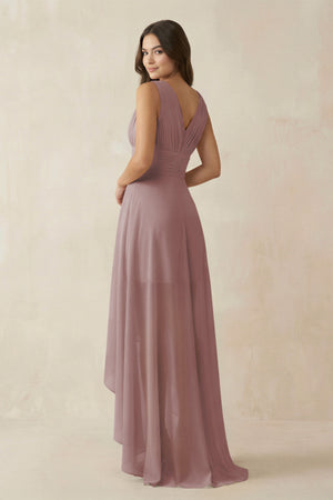 Dusty Rose V-Neck High-Low Chiffon Bridesmaid Dress (2) | KISSBRIDAL