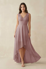Dusty Rose V-Neck High-Low Chiffon Bridesmaid Dress | KISSBRIDAL