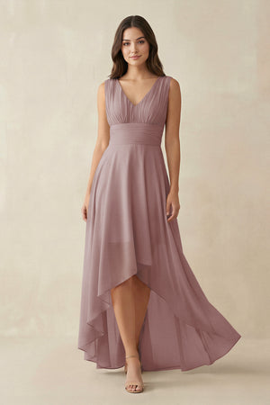 Dusty Rose V-Neck High-Low Chiffon Bridesmaid Dress | KISSBRIDAL